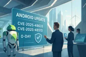 В офисе робот и люди обсуждают обновление Android с уязвимостями.