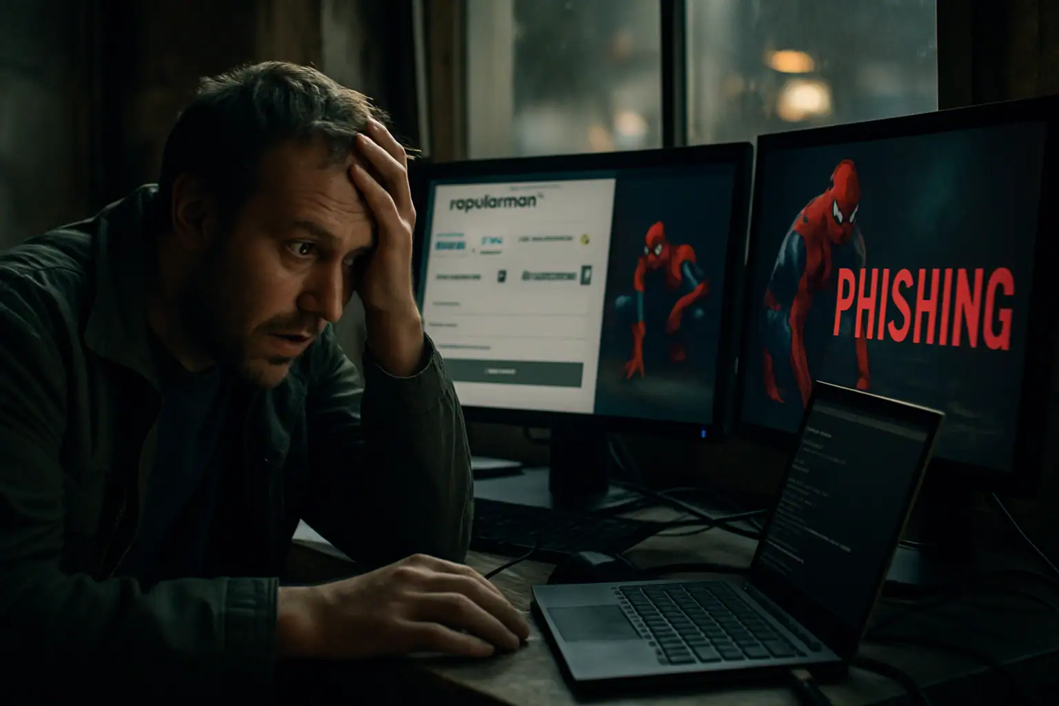 Мужчина, обеспокоенно смотрящий на экраны компьютеров с предупреждением о фишинге.