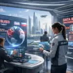 Cybersecurity-Szene mit Monitoren und Sicherheitsmitarbeitern in futuristischem Raum.