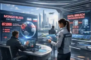 Security team monitors cyber threats in a futuristic control room.
