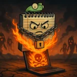 Записник з злим виразом обличчя і комп'ютер в полум'ї, на фоні примар.