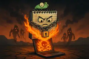 Ein wütendes Notizbuch gefesselt von einer Kette, aus einem brennenden Laptop aufsteigend.