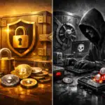 Криптовалюта, замкнена у сейфі, і хакер за комп'ютером.