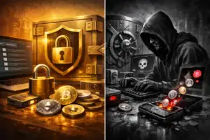 Contrasting scenes of cryptocurrency security and hacking, showcasing key themes.