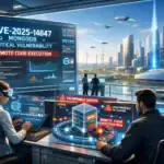 Операторы исследуют критическую уязвимость систем безопасности в футуристическом офисе.