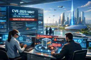 Symbolische Darstellung von Cybersicherheit mit futuristischen Bildschirmen.