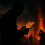 Человек читает лист бумаги на фоне яркого огня и темных силуэтов.