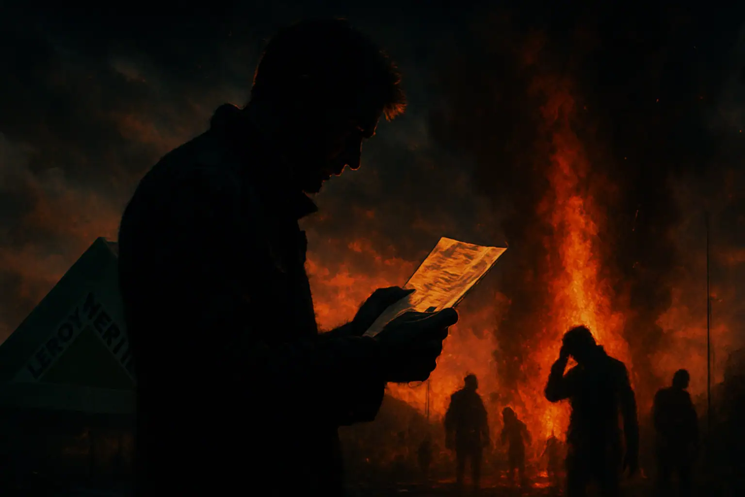 Чоловік читає документ, на фоні пожежі і силуетів людей.