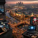 Vista nocturna de una ciudad con hackers trabajando en computadoras.