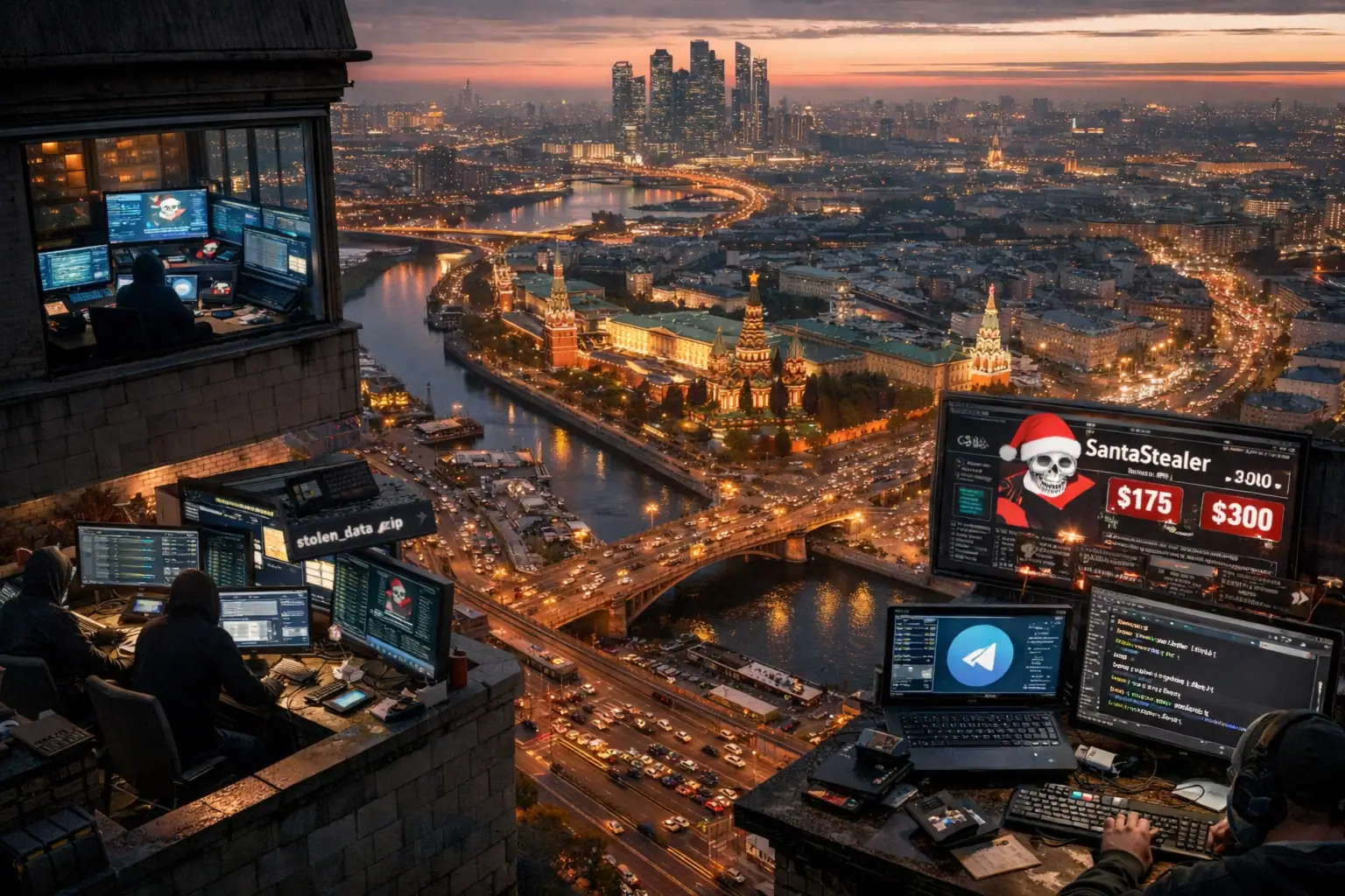 Hacker mit mehreren Bildschirmen, Blick auf die Stadt bei Sonnenuntergang.