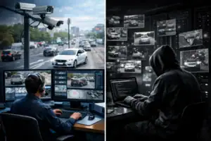 Співробітник спостерігає за моніторами з камер спостереження на транспортному русі.