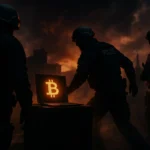 Polizeibeamte untersuchen einen Laptop mit Bitcoin-Logo in düsterer Umgebung.