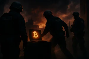 Polizeibeamte untersuchen einen Laptop mit Bitcoin-Logo in düsterer Umgebung.