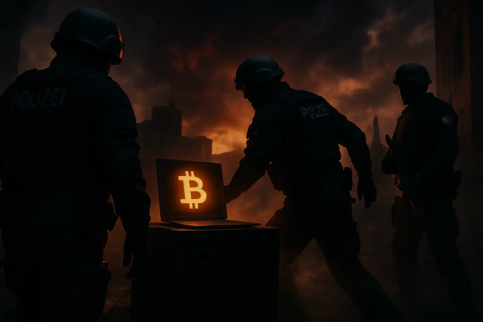 Police officers surround a glowing laptop displaying a Bitcoin symbol.