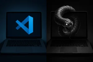 Лаптоп з логотипом редактора коду та зображенням змії на екрані.