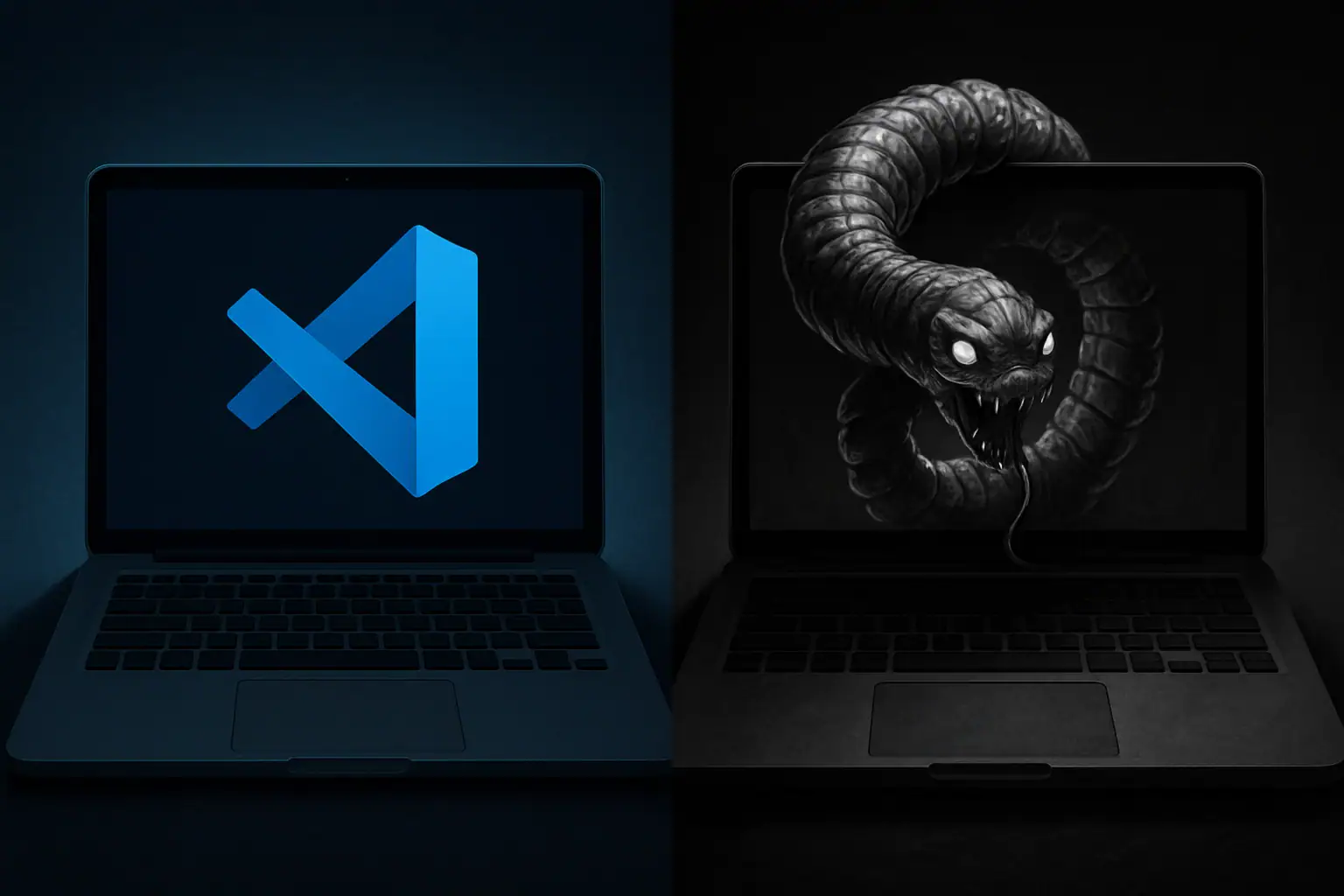 Laptop displaying a blue coding logo and a menacing black serpent emerging from the screen.