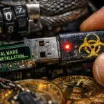 USB-Stick mit rotem Licht und Malware-Installation umgeben von Bitcoin-Münzen.