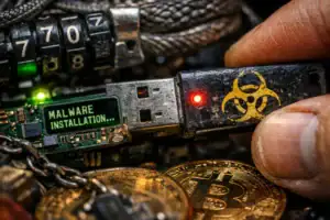 USB infectado con malware entre criptomonedas y cables enredados.