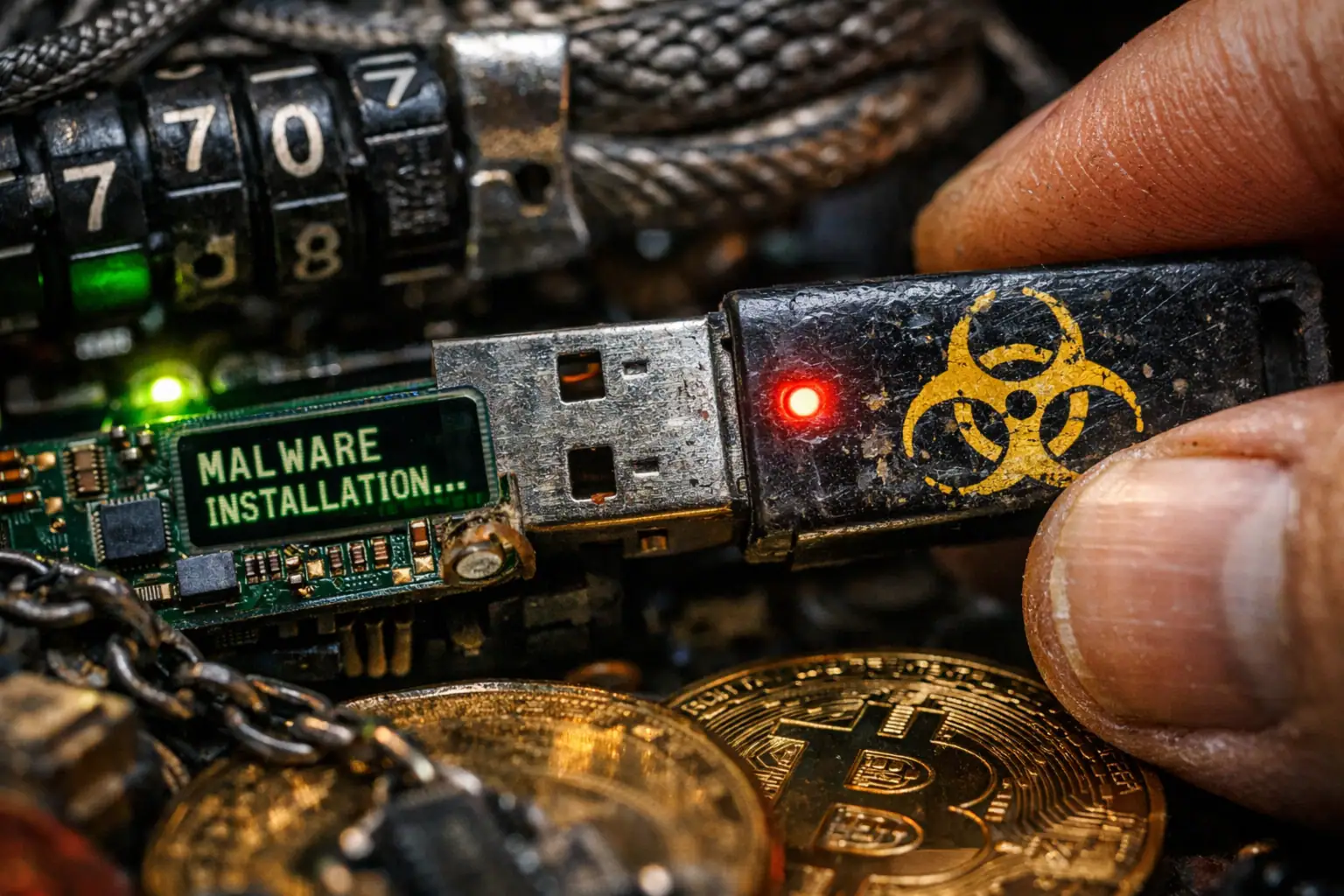 USB infectado con malware entre criptomonedas y cables enredados.