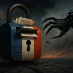 Zerbrochener Schlosstresor mit französischer Flagge und digitalisiertem Schatten.