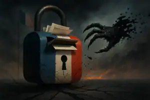 Candado con bandera francesa y una mano pixelada emergiendo del fondo.