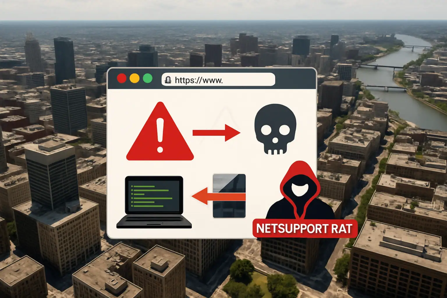 Warning about NetSupport RAT with icons and a cityscape background.