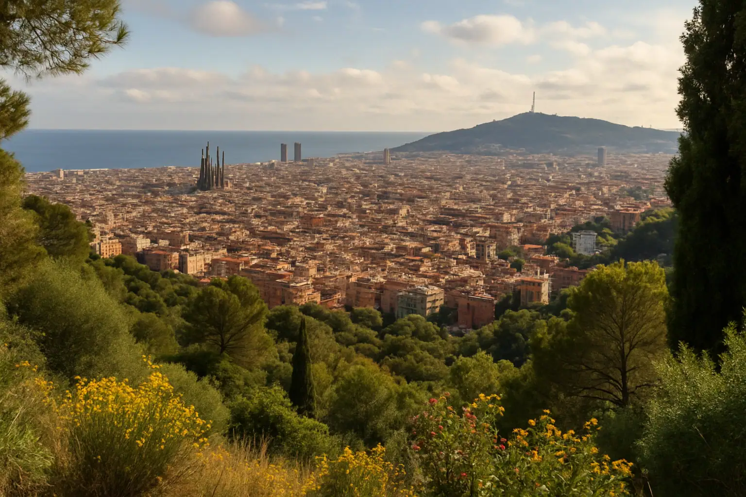 Панорамный вид на Барселону с зеленым ландшафтом на переднем плане.