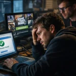 Hombre preocupado revisa su computadora en un ambiente oscuro de trabajo.