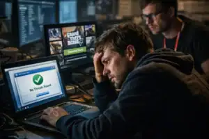 Hombre preocupado revisa su computadora en un ambiente oscuro de trabajo.