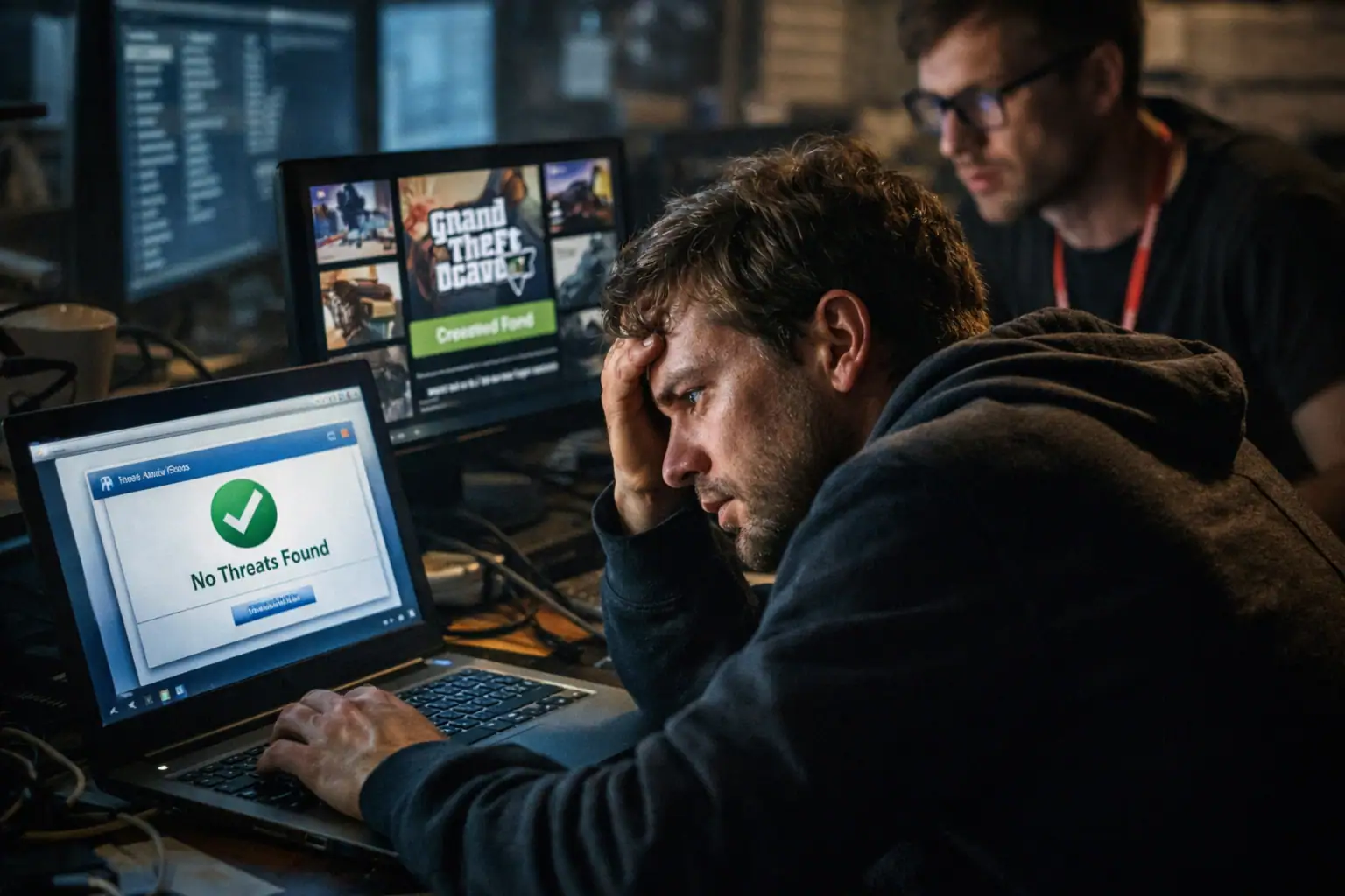 Hombre preocupado revisa su computadora en un ambiente oscuro de trabajo.