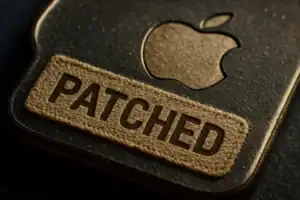 Apple logo with a textured patch labeled "PATCHED" against a dark background.