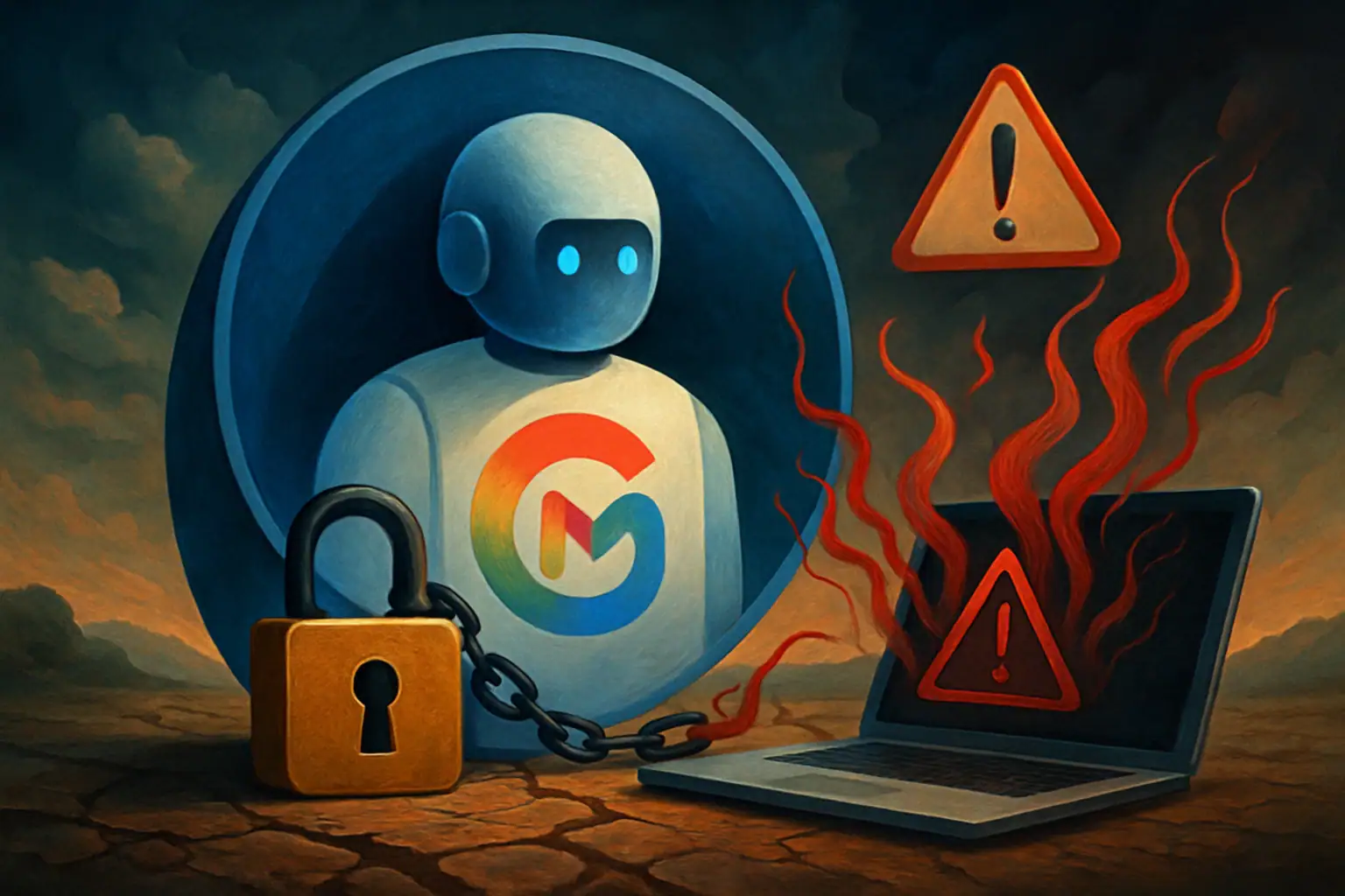 Робот с логотипом Google рядом с компьютером и знакоми опасности.