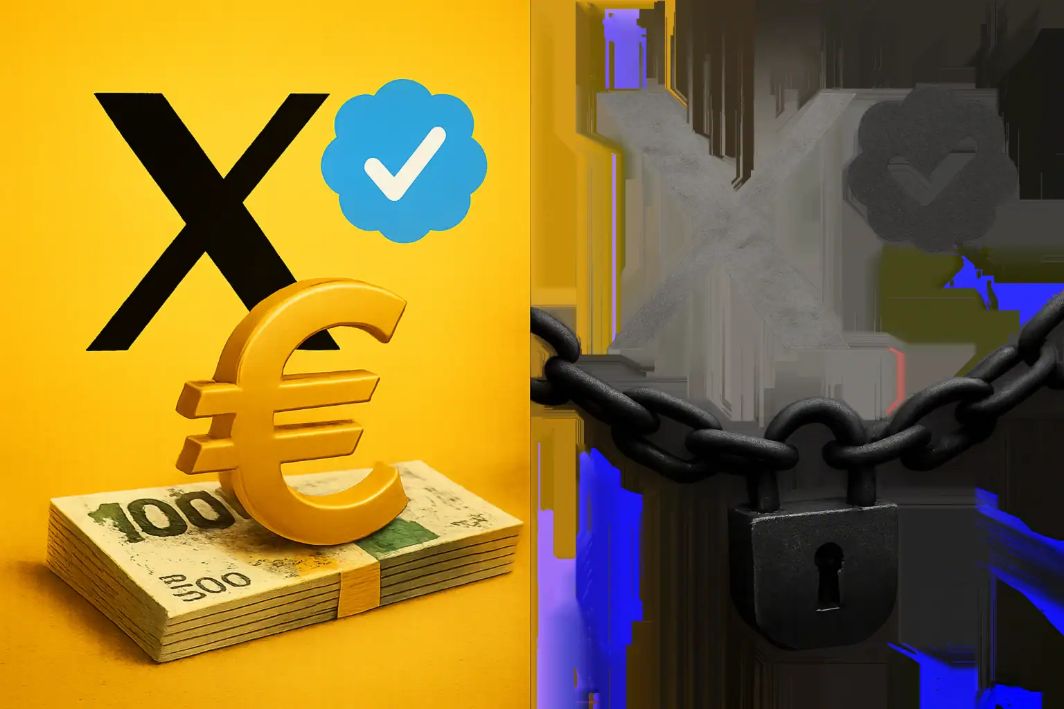 Символы денег и верификации, разделенные на два контрастных фона.