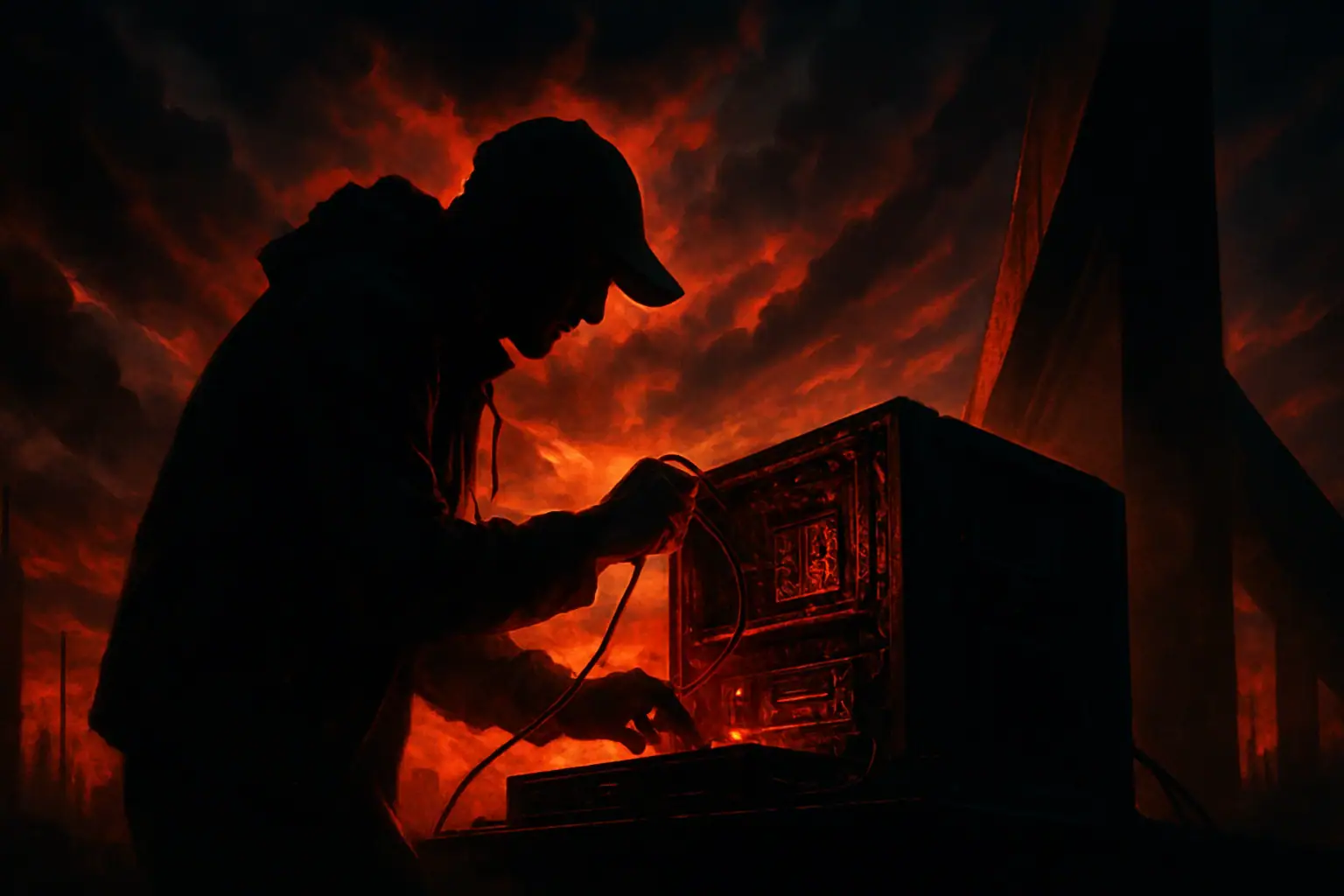 Silhouette eines Technikers, der an einem Computer in feuriger Umgebung arbeitet.