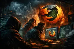 Hackerteam vor Bildschirmen mit digitalem Feuer und Geistern im Hintergrund.