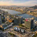 Вид на деловой район Сеула с рекой и высокими зданиями на закате.