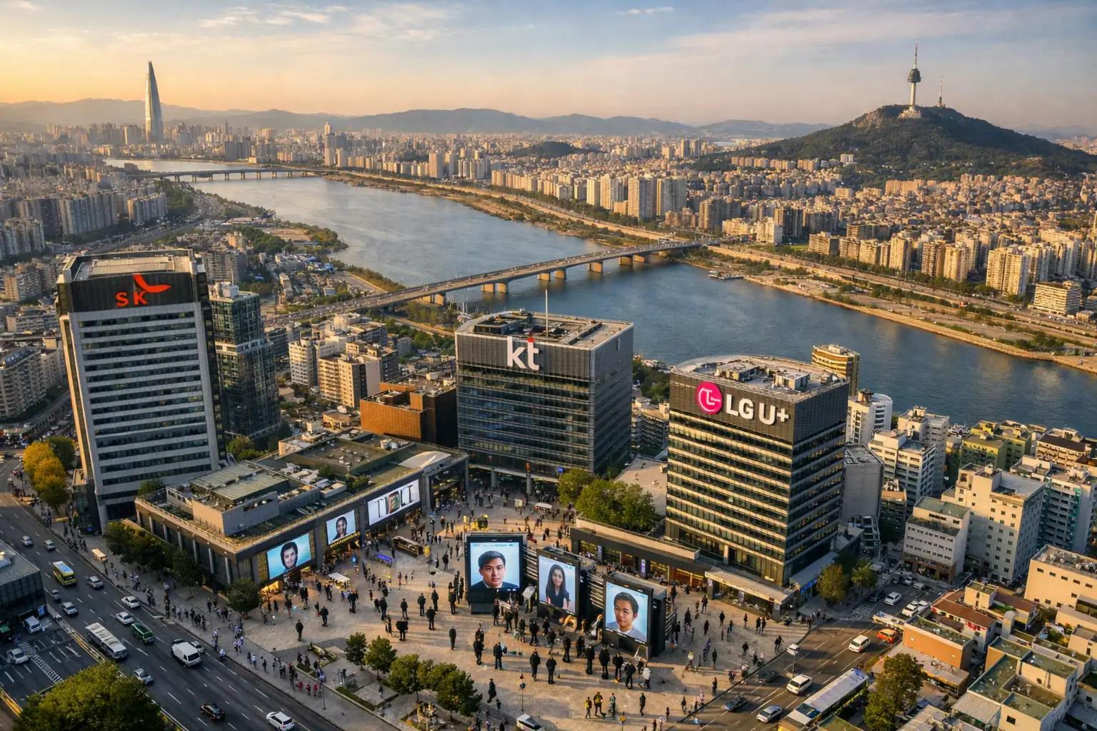 Ciudad moderna junto al río Han, personas y pantallas digitales visibles.