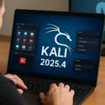 Человек за ноутбуком с интерфейсом Kali Linux 2025.4 на экране.