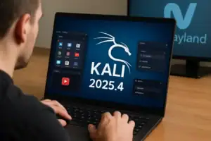 На ноутбуці відображається версія Kali Linux 2025.4 з додатками.