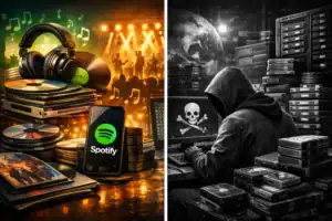 ** Split scene depicting music streaming on one side and piracy on the other.