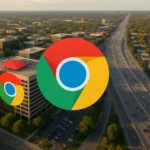 Weitwinkelansicht eines Bürogebäudes mit Google Chrome-Logo im Vordergrund.