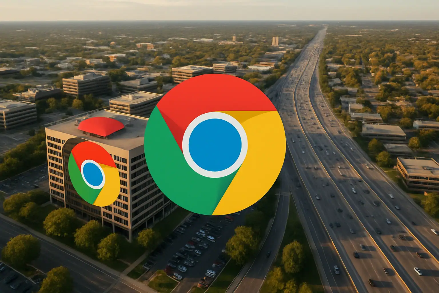 Aerial view of a building with large Google Chrome logos on top and side.