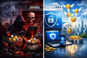 Dark and light contrasting scenes depicting cybercrime and cybersecurity themes.