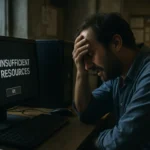Man frustrated at a computer display showing "insufficient resources."