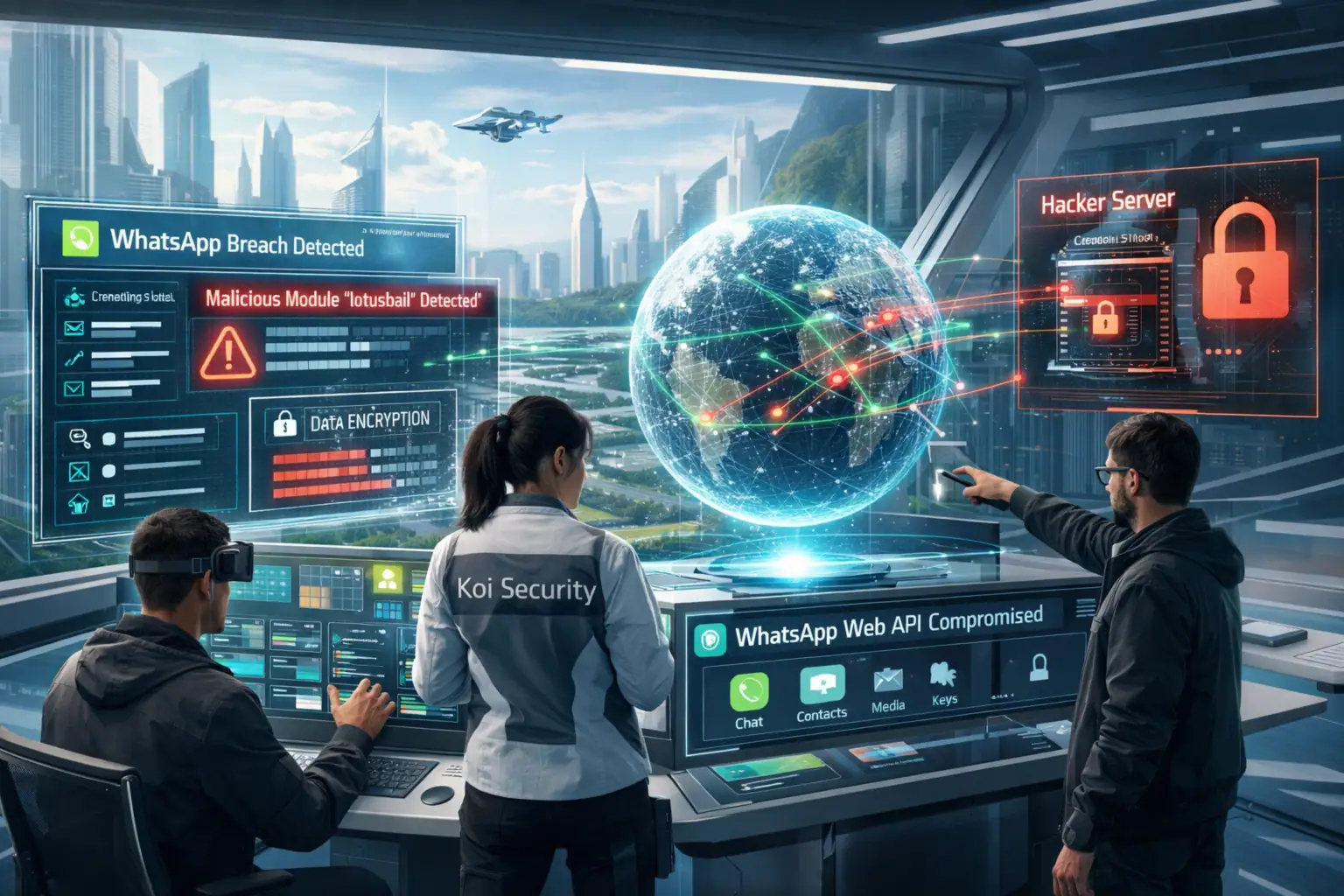 ** Tres profesionales analizan datos de ciberseguridad en un entorno futurista.