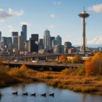 Сити-пейзаж Сиэтла с осенними деревьями и утками на реке.