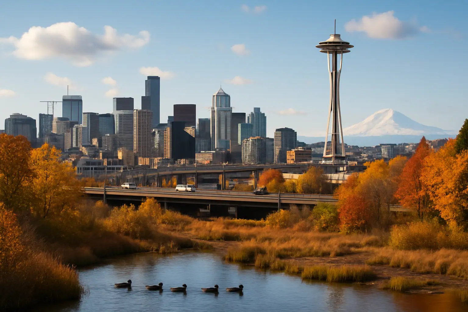 Vista panorámica de Seattle con el Space Needle y patos en el agua.