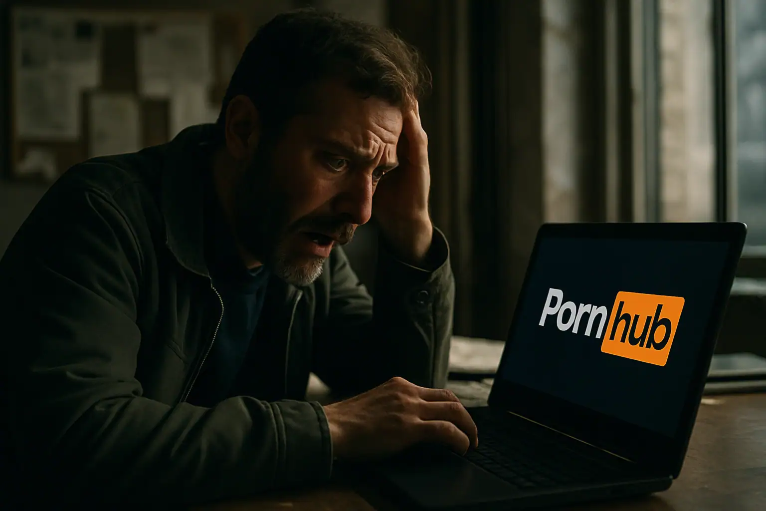 Mann am Laptop, der besorgt auf den Bildschirm schaut, mit frustriertem Gesichtsausdruck.