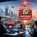 Control futurista con restricciones de acceso a WhatsApp en la ciudad.