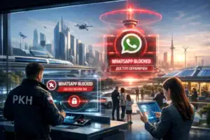 Control futurista con restricciones de acceso a WhatsApp en la ciudad.